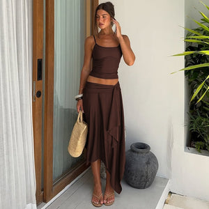 2025 Summer New Arrival Sexy Hot Girl Style Solid Color Camisole Tank Top and Ruffled Irregular Skirt Two-Piece Set
