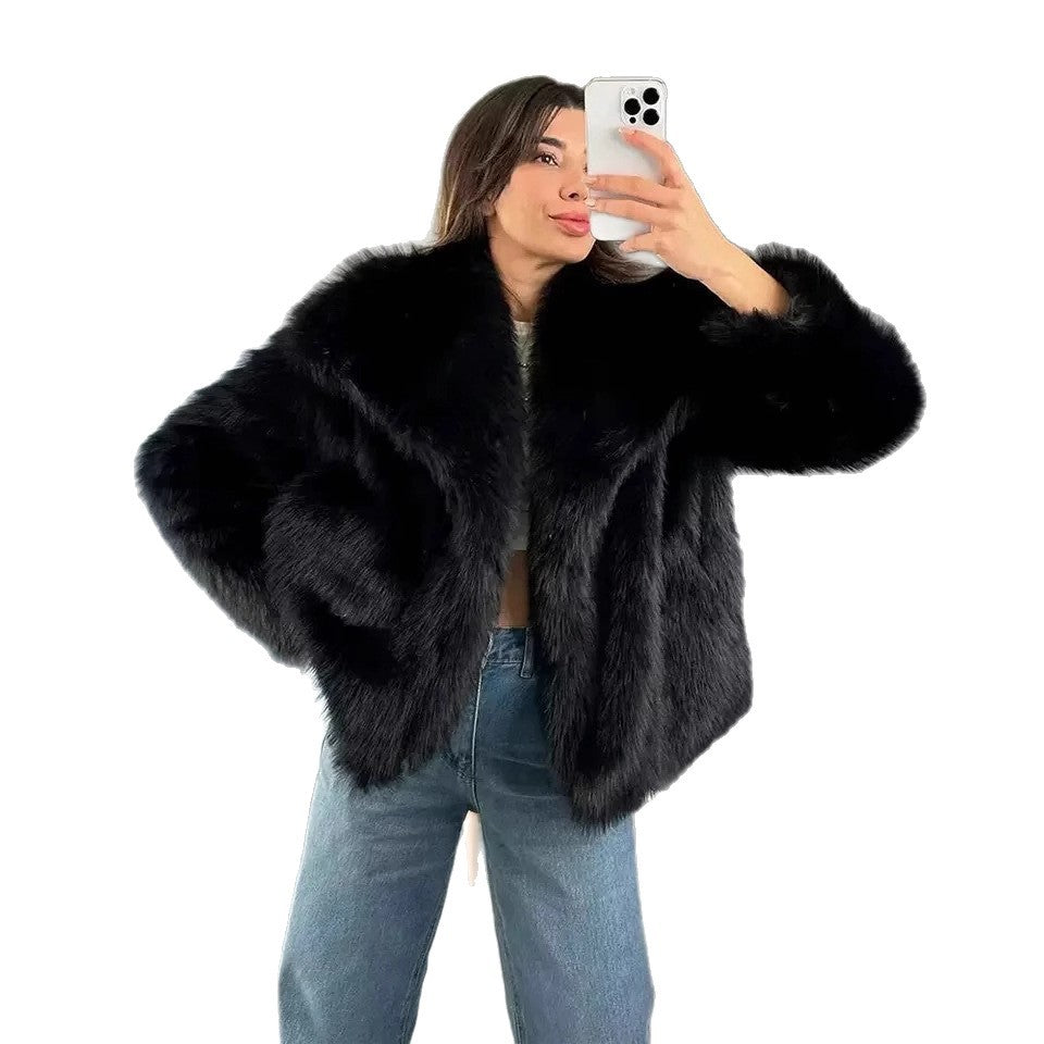 LORVENES women's faux fur coat, short woolen winter jacket with European and American cross-border style, autumn and winter fashion