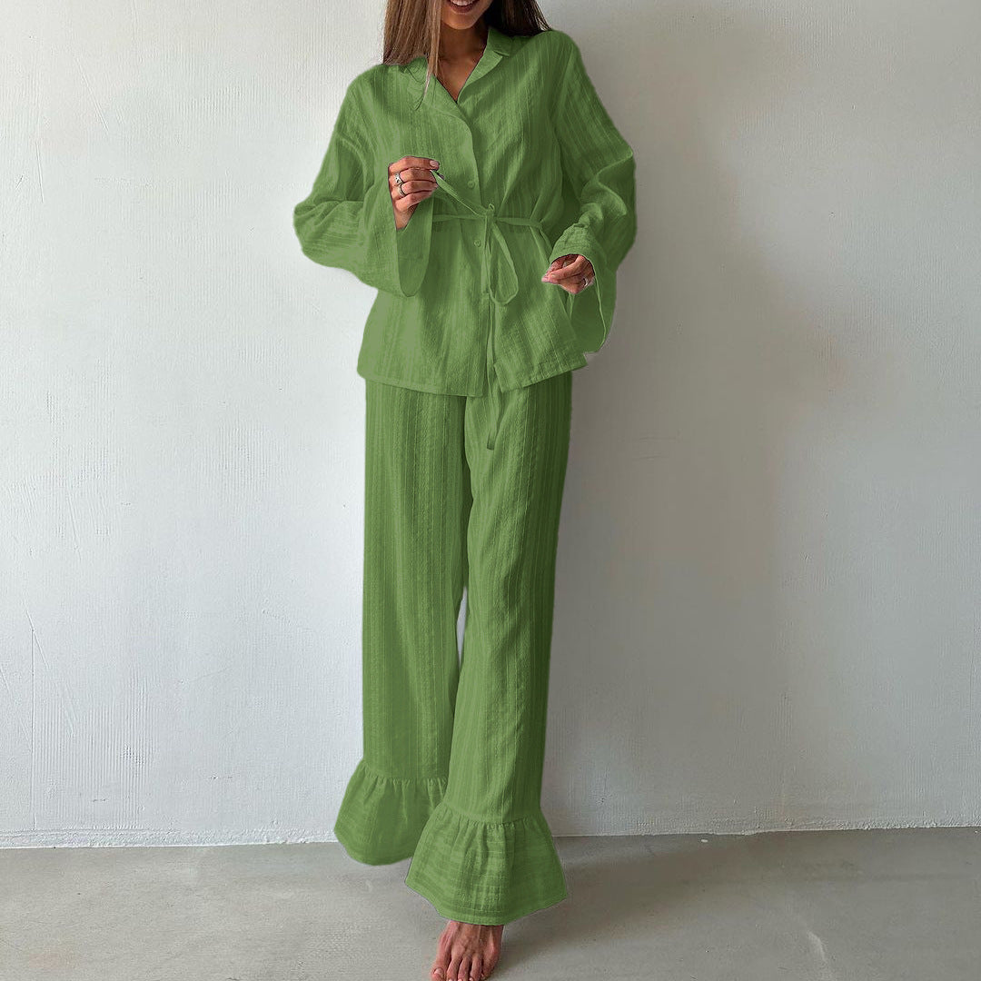 Russian New Style Ruffled Tie-Waist Two-Piece Set, Cotton Lapel Long-Sleeved Casual Lace Suit for Women