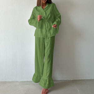 Russian New Style Ruffled Tie-Waist Two-Piece Set, Cotton Lapel Long-Sleeved Casual Lace Suit for Women