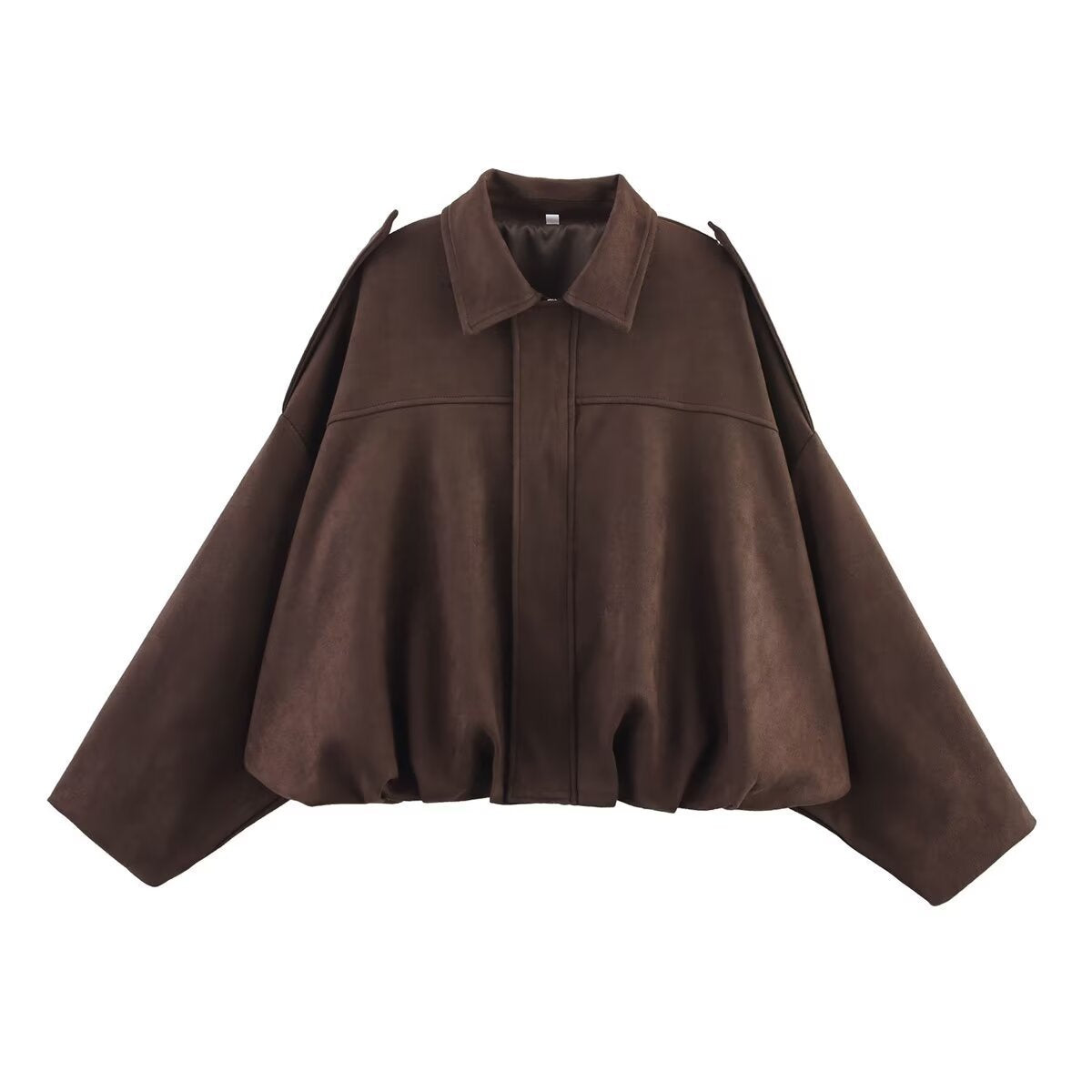 LORVENES women's suede-textured bomber jacket with lapel, zipper, and button details, suitable for spring and autumn 2025.