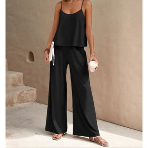 2025 Amazon Europe & America Cross-Border Bestseller Solid Color Elegant Two-Piece Set: Round Neck Vest and Wide-Leg Pants Women's Clothing