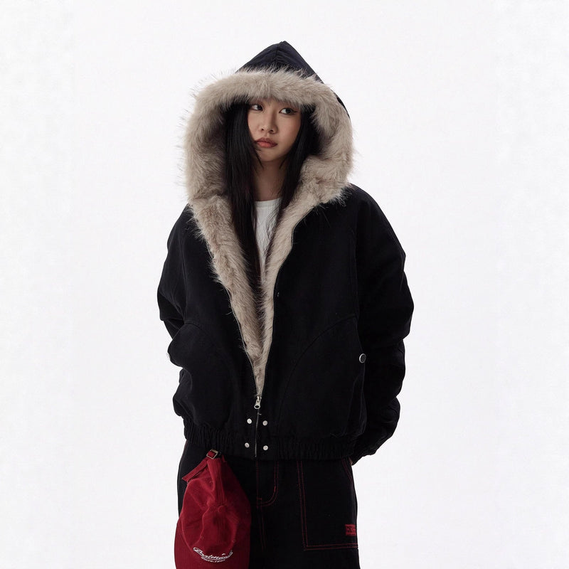 LORVENES fur-collar hooded puffer jacket in black with quilted design and zip closure, showcasing a stylish winter outerwear look.