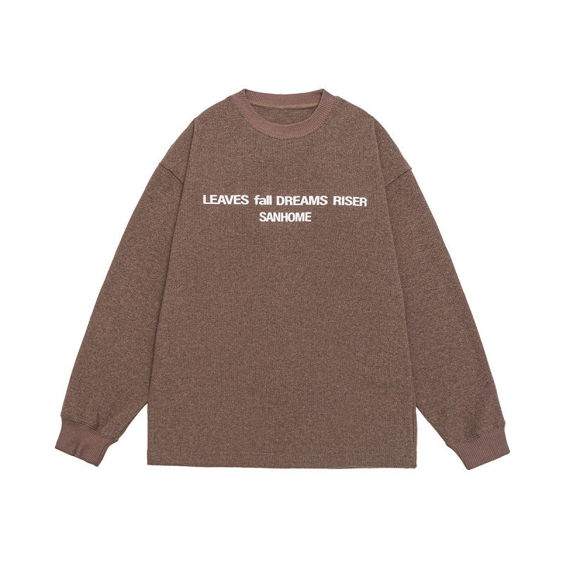 LORVENE Wusu men's Japanese fashion sweatshirt with letter print, loose fit, round neck, suitable for autumn 2025.
