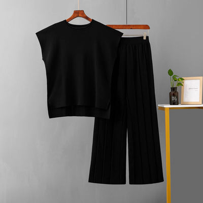 Koreanischer schicker Temperament-Pullover mit Rundhalsausschnitt und weiten Fledermausärmeln + Freizeithose mit hoher Taille und weitem Bein im Anzug