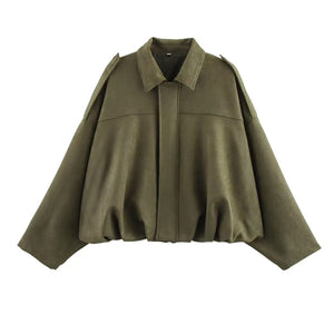 LORVENES women's suede-textured bomber jacket with lapel, zipper, and button details, perfect for spring and autumn styling.