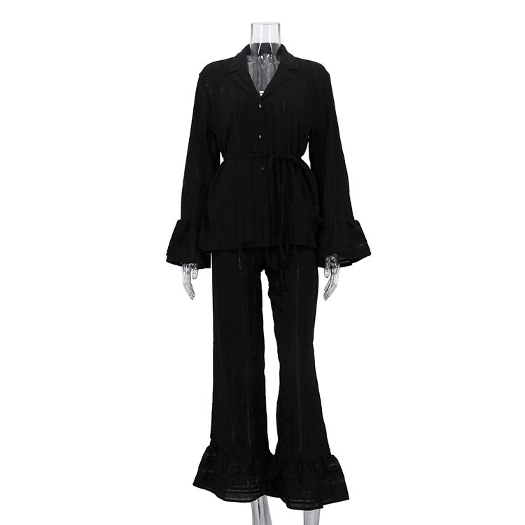 Russian New Style Ruffled Tie-Waist Two-Piece Set, Cotton Lapel Long-Sleeved Casual Lace Suit for Women