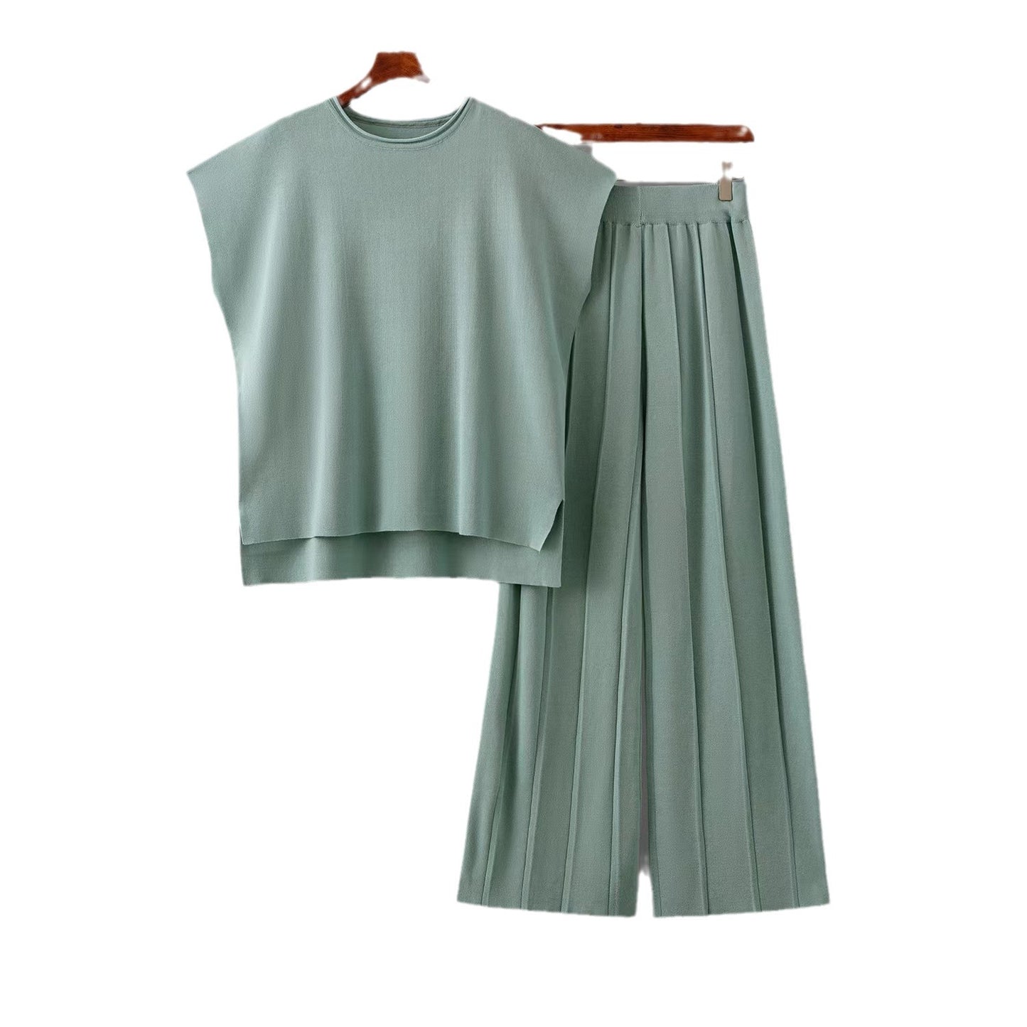 Koreanischer schicker Temperament-Pullover mit Rundhalsausschnitt und weiten Fledermausärmeln + Freizeithose mit hoher Taille und weitem Bein im Anzug
