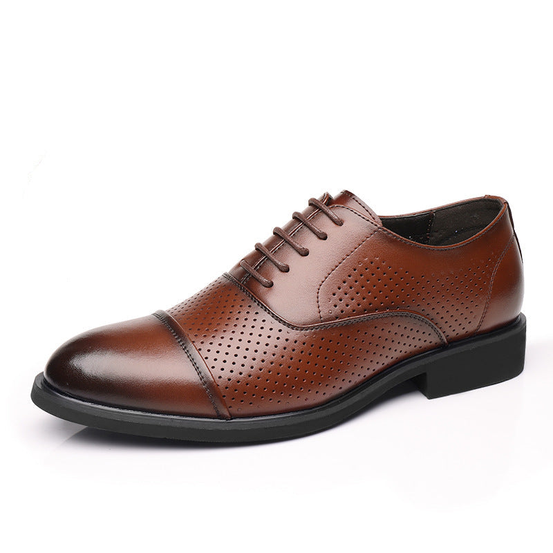 Brown leather dress shoe with detailed sole on a white background