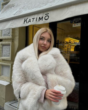 LORVENES women's thickened fox fur winter overcoat with suit collar, soft faux fur coat for cold weather.