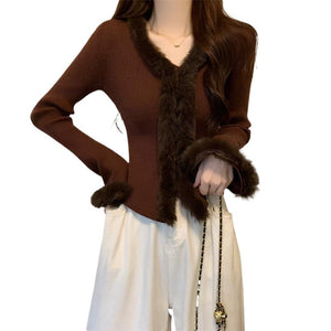 LORVENES women's French short design fur plush splicing V-neck trumpet sleeve knitted sweater for winter, slim fit top.