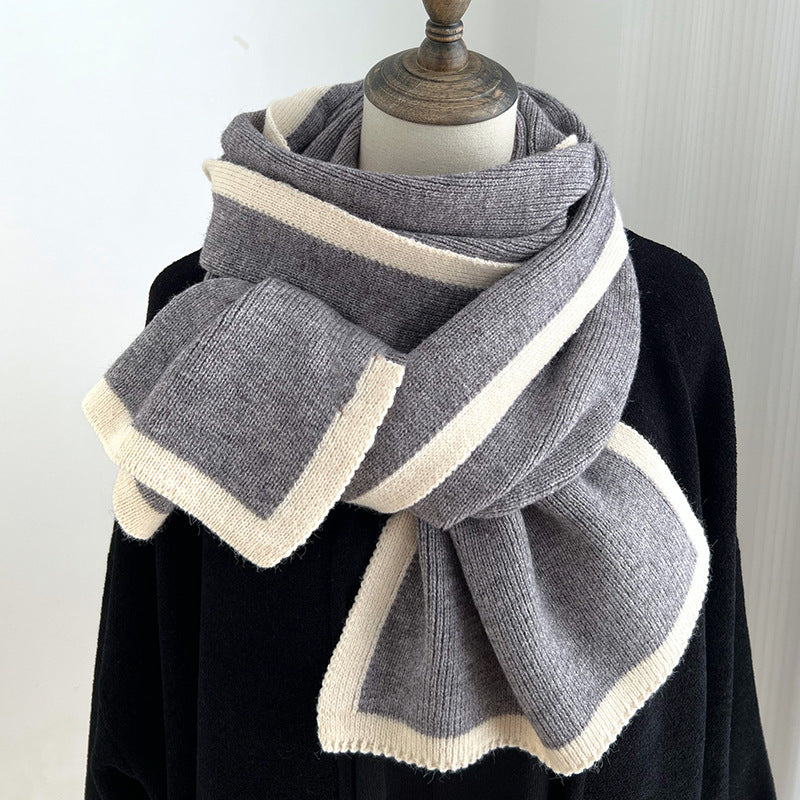 LORVENES Contrast Border Knit Winter Scarf