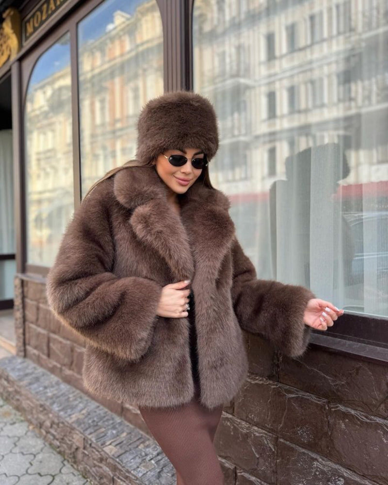 Women’s thickened fox fur coat by LORVENES, winter faux fur overcoat with suit collar, cozy and stylish for cold weather.