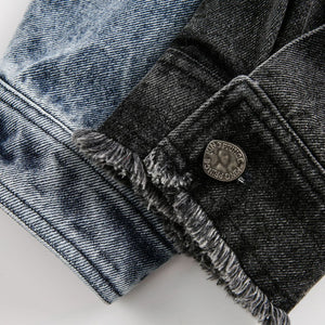 LORVENE varsity letter jacket with striped cuffs and large letter patch, displayed on a hanger.