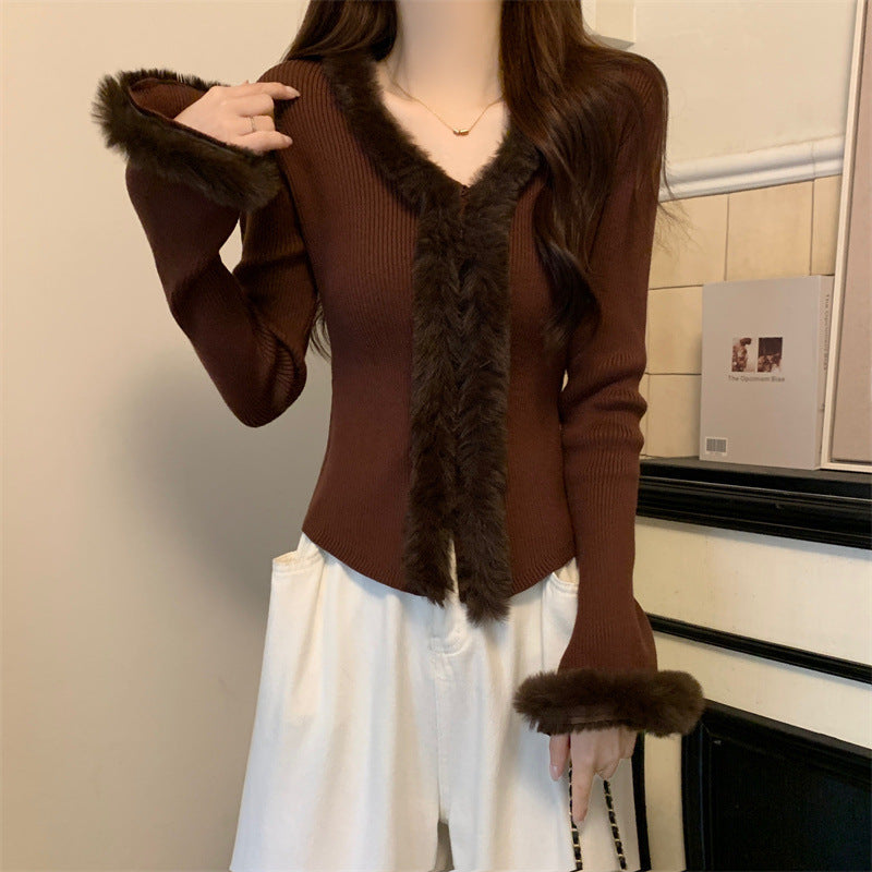 LORVENES women's French short fur plush splicing V-neck knitted sweater with trumpet sleeves, slim fit winter top.