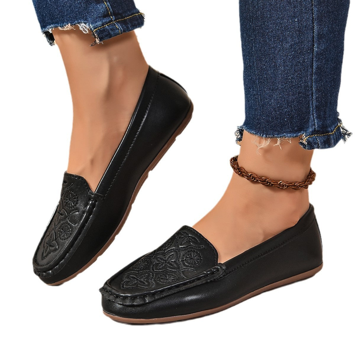 LORVENES Embroidered White Comfort Loafers