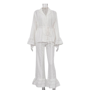 Russian New Style Ruffled Tie-Waist Two-Piece Set, Cotton Lapel Long-Sleeved Casual Lace Suit for Women