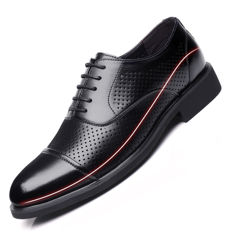 Black dress shoe with red accent on a white background