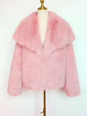 LORVENES women's faux fur coat in beige, short woolen style for autumn and winter, featuring a plush, cozy artificial fur top.
