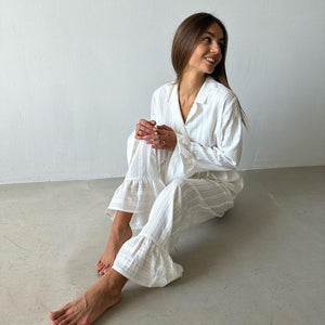 Russian New Style Ruffled Tie-Waist Two-Piece Set, Cotton Lapel Long-Sleeved Casual Lace Suit for Women