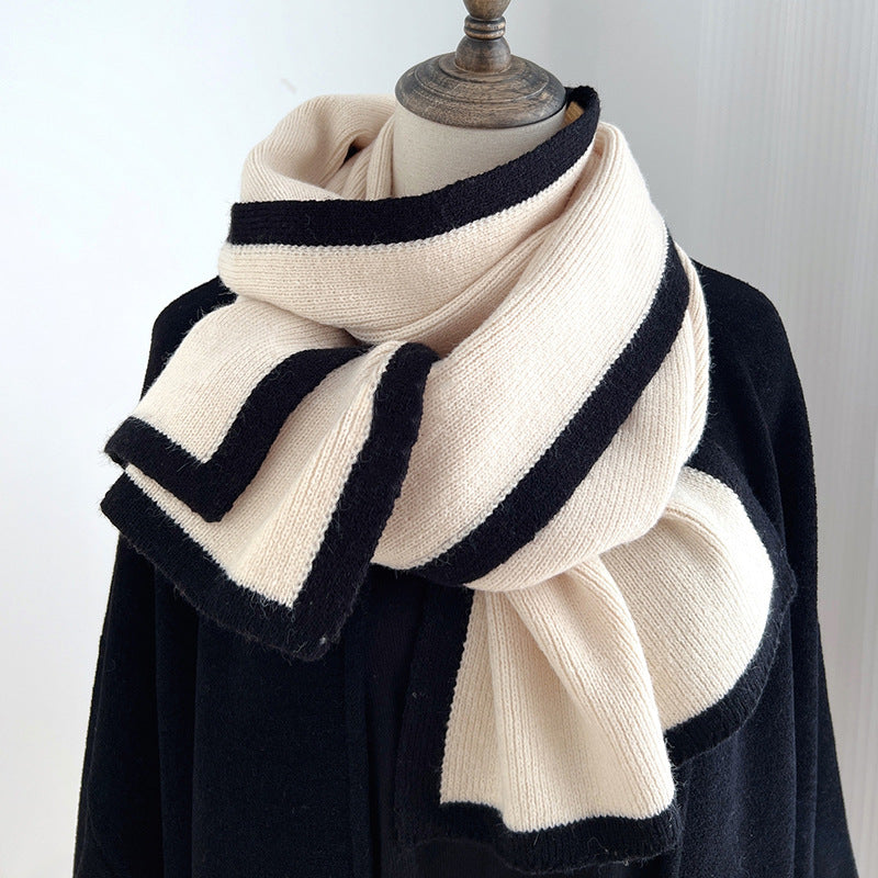 LORVENES Contrast Border Knit Winter Scarf