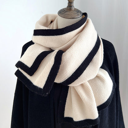 LORVENES Contrast Border Knit Winter Scarf