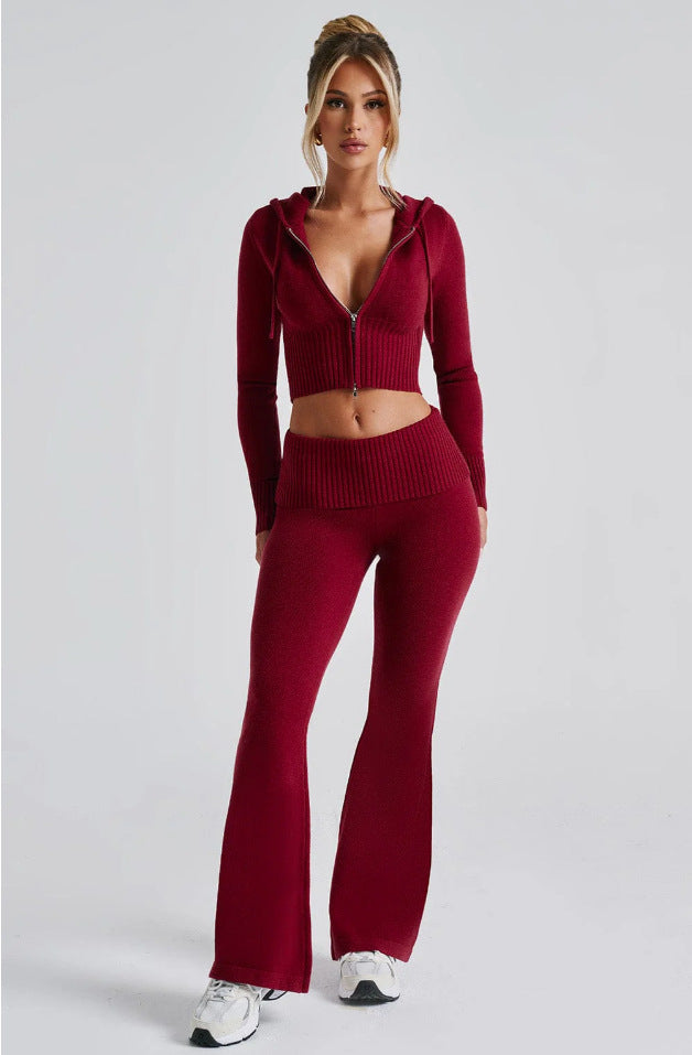 2025 Spring New European and American Cross-border Solid Color Slim Short Hooded Top Casual Pants Suit Two-piece Set Women