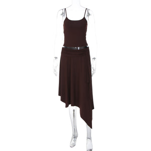 2025 Summer New Arrival Sexy Hot Girl Style Solid Color Camisole Tank Top and Ruffled Irregular Skirt Two-Piece Set