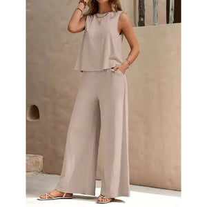 2025 Amazon Europe & America Cross-Border Bestseller Solid Color Elegant Two-Piece Set: Round Neck Vest and Wide-Leg Pants Women's Clothing
