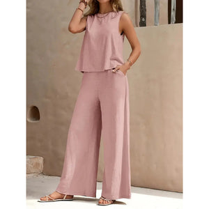 2025 Amazon Europe & America Cross-Border Bestseller Solid Color Elegant Two-Piece Set: Round Neck Vest and Wide-Leg Pants Women's Clothing