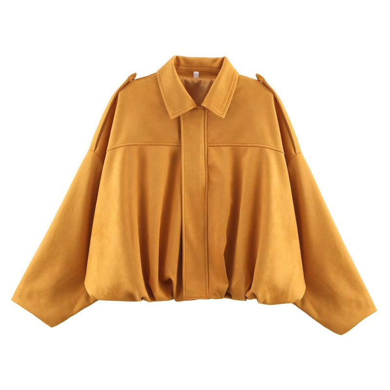 LORVENES suede textured bomber jacket with lapel collar and zipper closure, suitable for spring and autumn fashion.