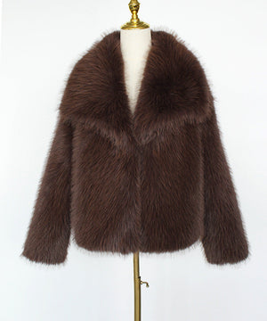LORVENES women's faux fur coat featuring short woolen style for autumn and winter, stylish artificial fur top.