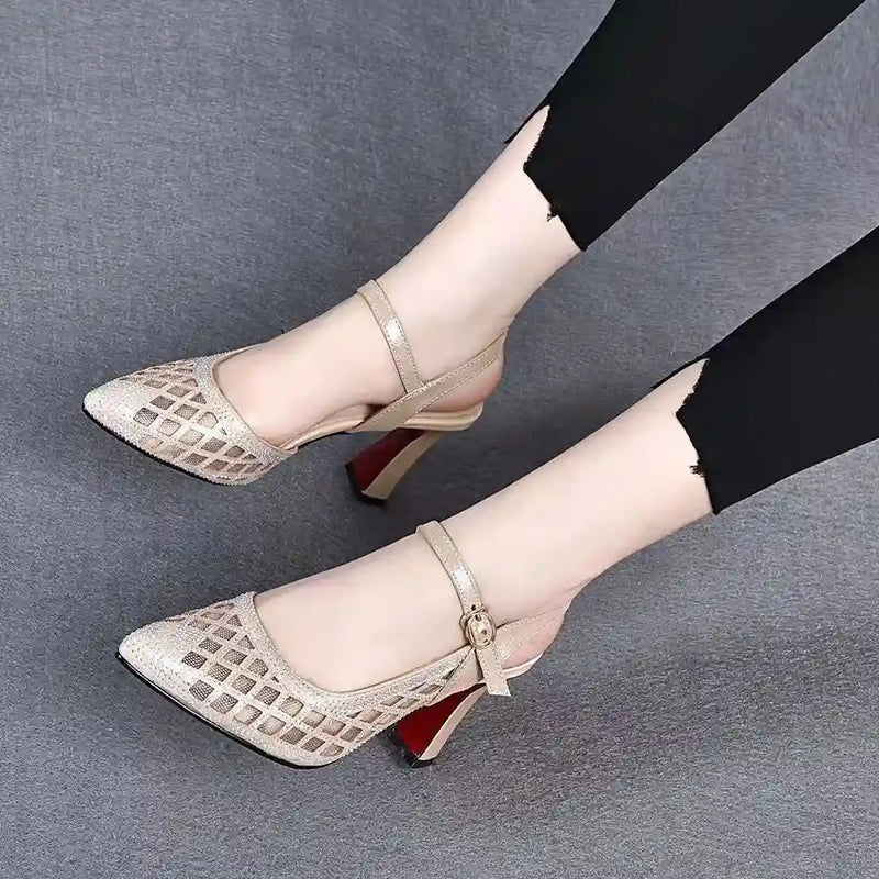 LORVENE Femme Aura heels in black with pointed toes and ankle straps, stylish women’s fashion footwear.