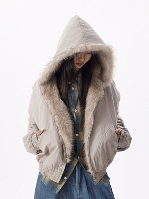 LORVENES fur-collar hooded puffer jacket featuring a shiny quilted design and a cozy fur collar for warmth and style.