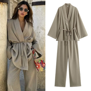 European and American cross-border women's clothing 2024 summer fashion texture double-breasted kimono top outerwear straight pants two-piece suit B8