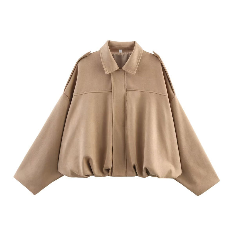 LORVENES women's suede textured bomber jacket with lapel collar and zipper front, suitable for spring and autumn seasons.