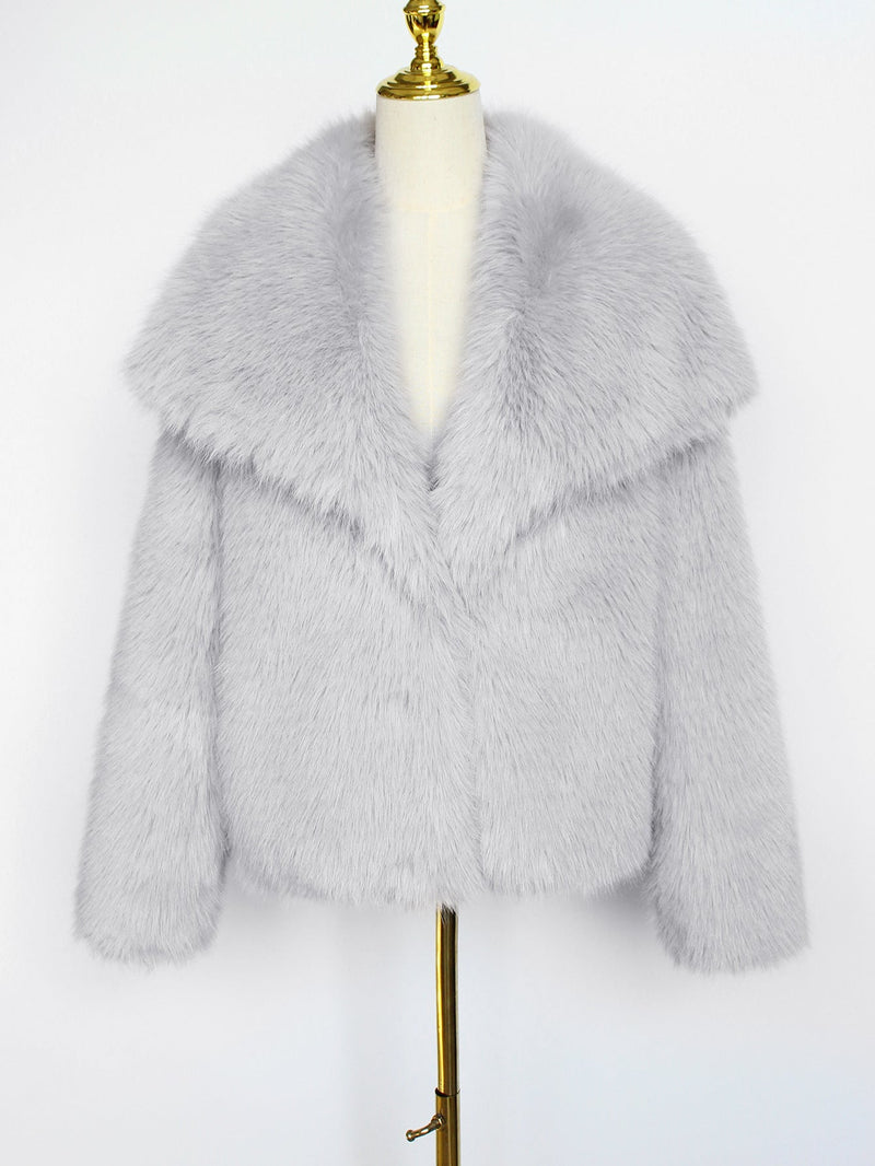 LORVENES women's faux fur coat, short woolen style for autumn and winter, featuring plush artificial fur and stylish design.