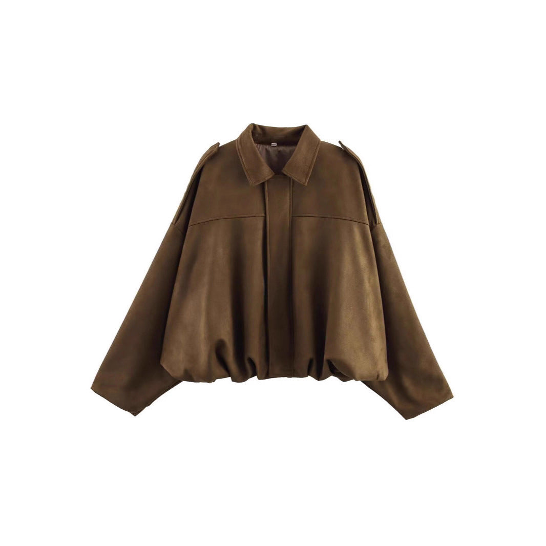 LORVENES women's suede textured bomber jacket with lapel, zipper, and button details for spring and autumn 2025 fashion.
