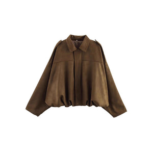 LORVENES women's suede textured bomber jacket with lapel, zipper, and button details for spring and autumn 2025 fashion.