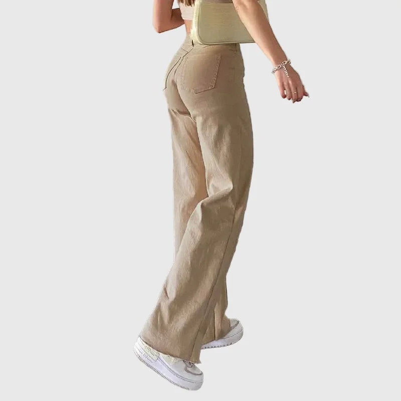 LORVENE Modern Line Pants in sleek black fabric, tailored fit with minimalist design and subtle stitching details.
