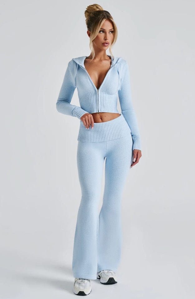 2025 Spring New European and American Cross-border Solid Color Slim Short Hooded Top Casual Pants Suit Two-piece Set Women