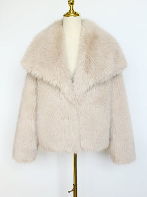 LORVENES women's faux fur coat in cream, short woolen style for autumn and winter, featuring a plush artificial fur top.