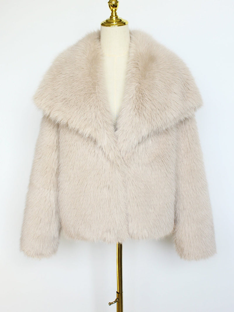 LORVENES women's faux fur coat in cream, short woolen style for autumn and winter, featuring a plush artificial fur top.