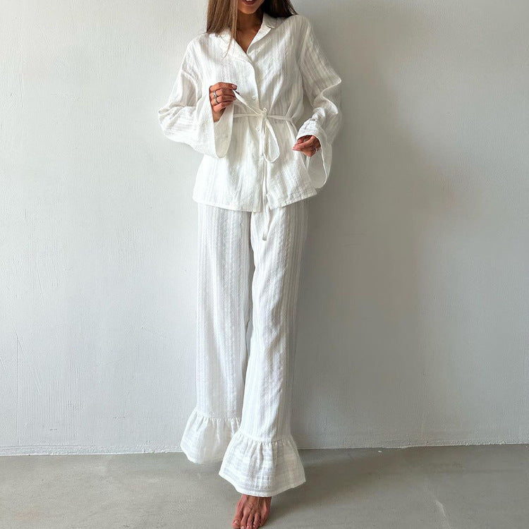 Russian New Style Ruffled Tie-Waist Two-Piece Set, Cotton Lapel Long-Sleeved Casual Lace Suit for Women