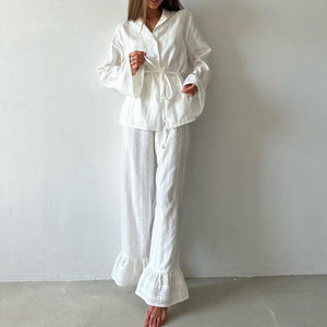 Russian New Style Ruffled Tie-Waist Two-Piece Set, Cotton Lapel Long-Sleeved Casual Lace Suit for Women