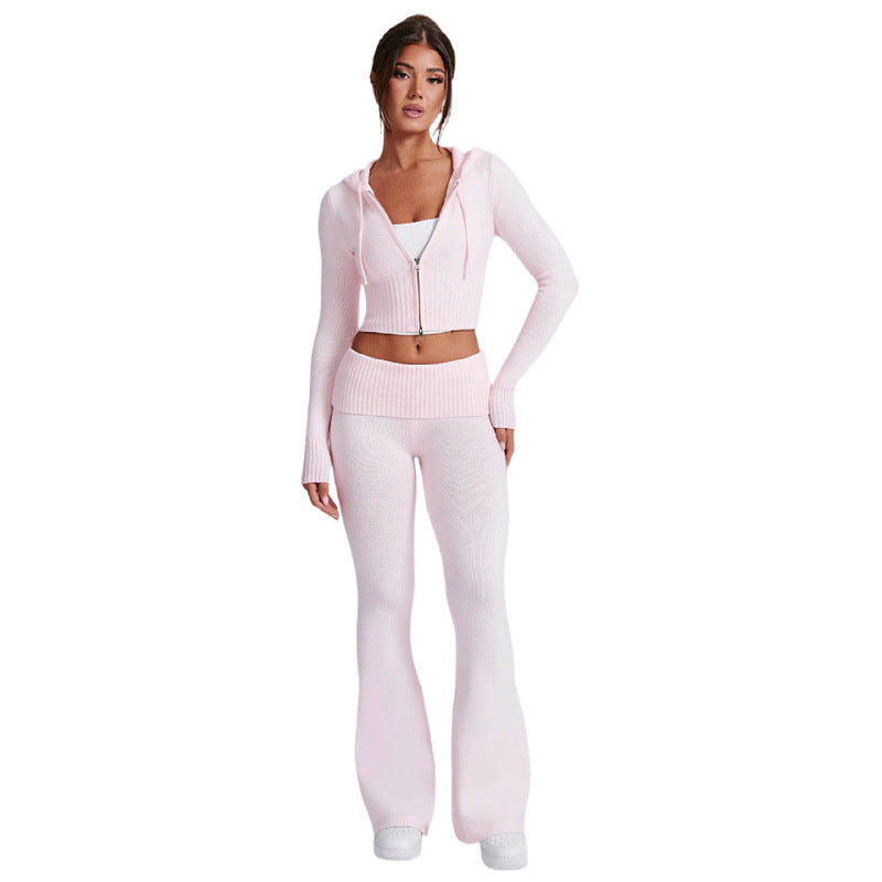 2025 Spring New European and American Cross-border Solid Color Slim Short Hooded Top Casual Pants Suit Two-piece Set Women