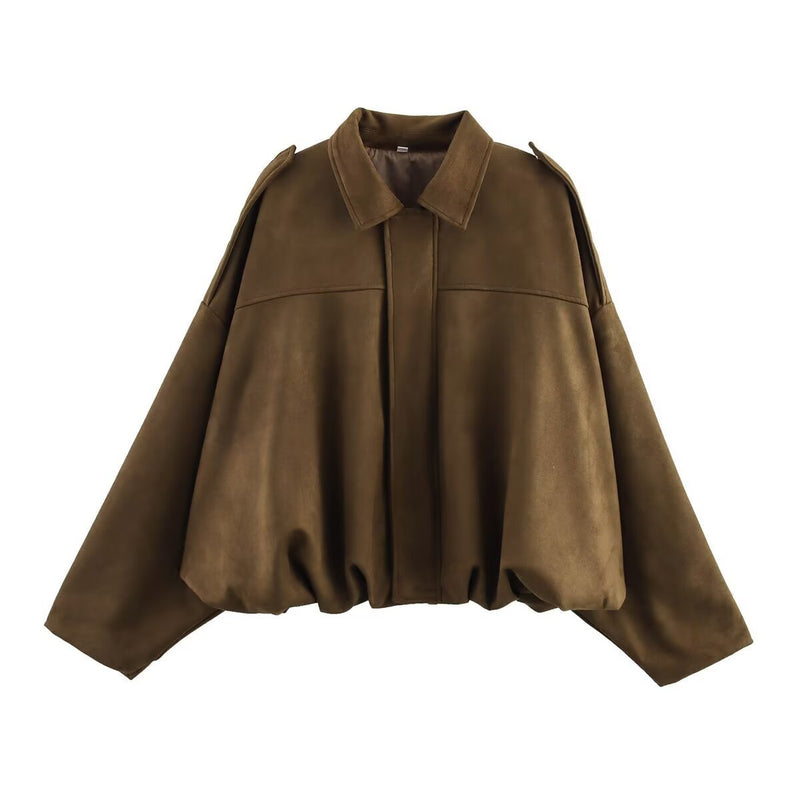 LORVENES women's suede textured bomber jacket with lapel, zipper, and buttons, ideal for spring and autumn 2025 fashion.