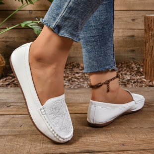 LORVENES Embroidered White Comfort Loafers