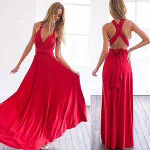 LORVENES backless halter maxi dress in flowing fabric, featuring a fitted bodice and elegant open back design.