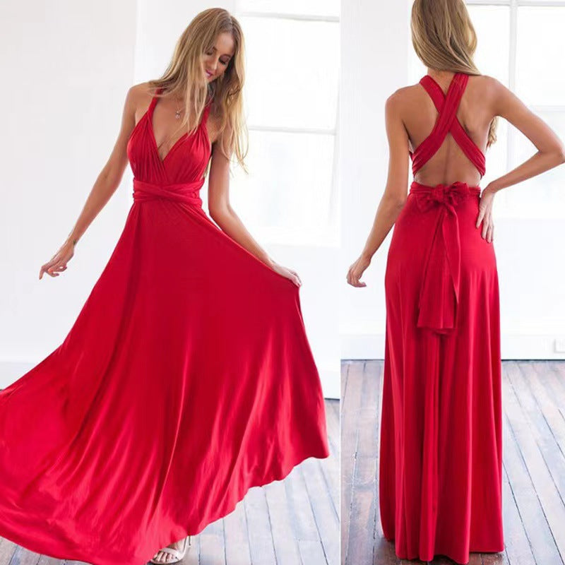 LORVENES backless halter maxi dress in flowing fabric, featuring a fitted bodice and elegant open back design.